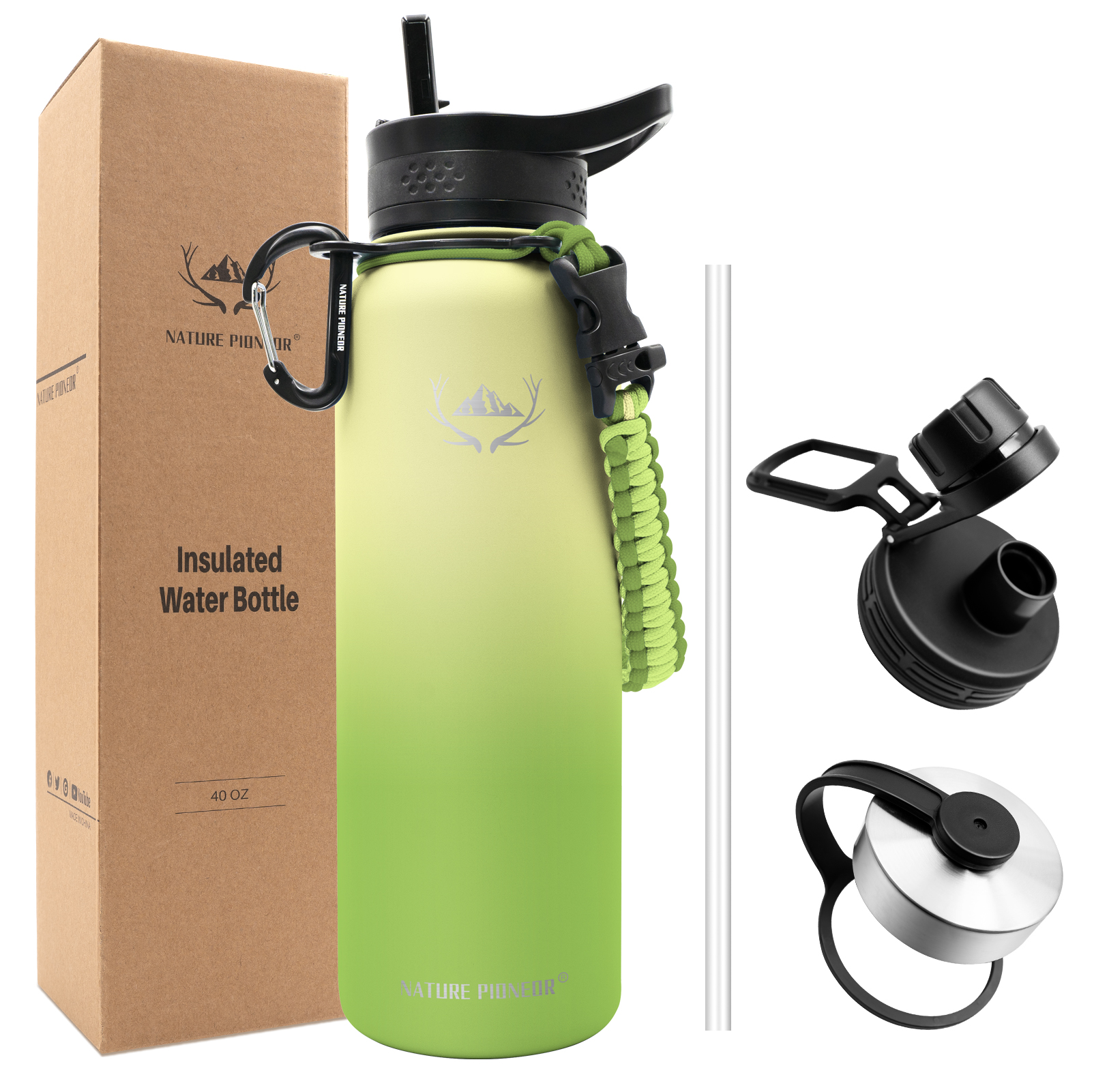 NATURE PIONEOR Insulated Water Bottles with Paracord Handle - 40 oz Vacuum Sports Wide Mouth Water Bottle with 3 Lids, Leak Proof Stainless Steel Keeps Hot and Cold