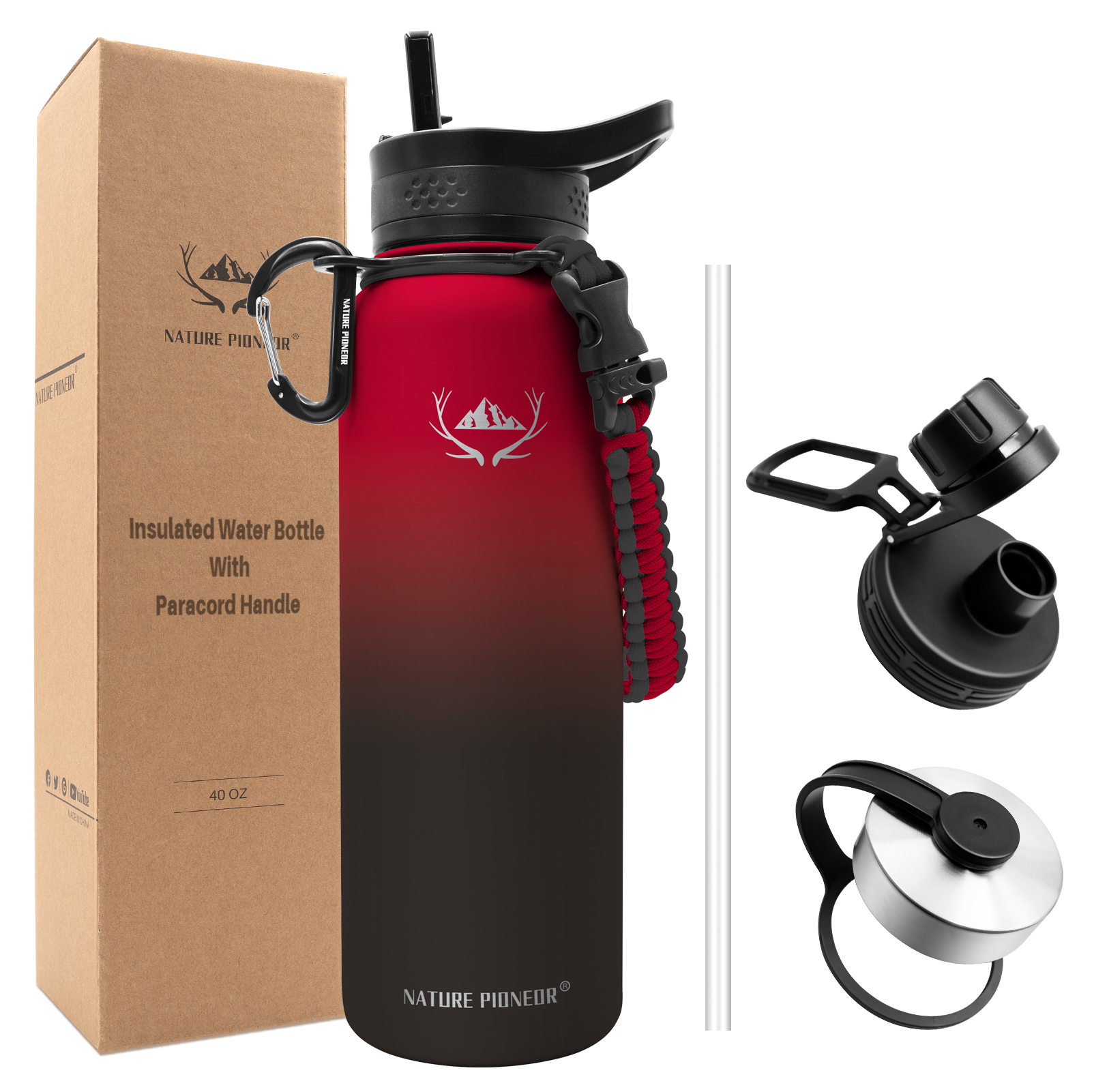 NATURE PIONEOR Insulated Water Bottles with Paracord Handle - 40 oz Vacuum Sports Wide Mouth Water Bottle with 3 Lids, Leak Proof Stainless Steel Keeps Hot and Cold