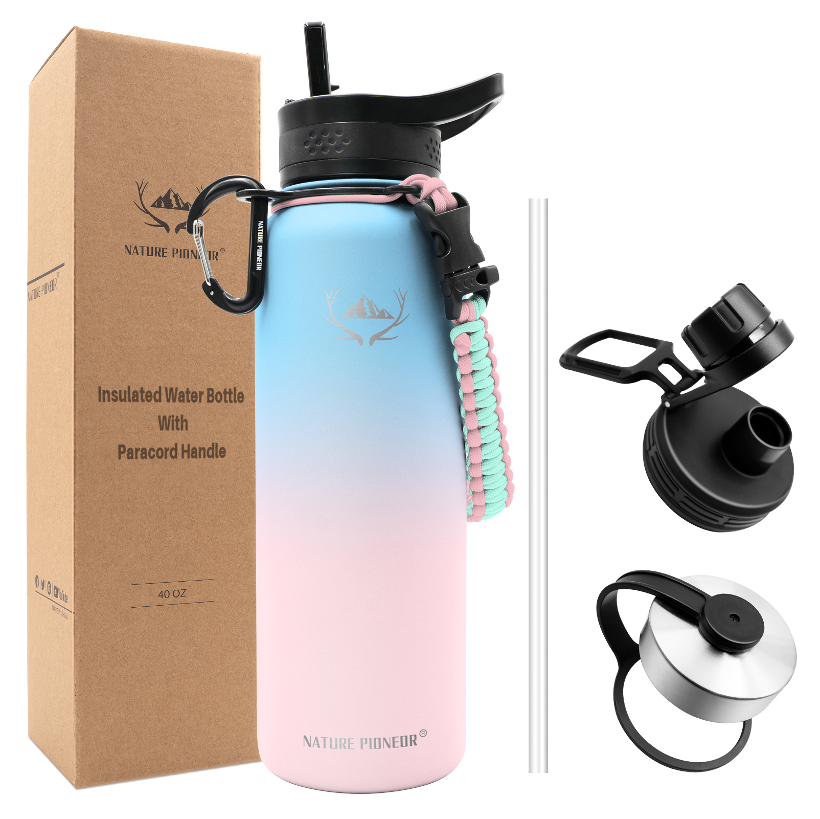 NATURE PIONEOR Insulated Water Bottles with Paracord Handle - 40 oz Vacuum Sports Wide Mouth Water Bottle with 3 Lids, Leak Proof Stainless Steel Keeps Hot and Cold