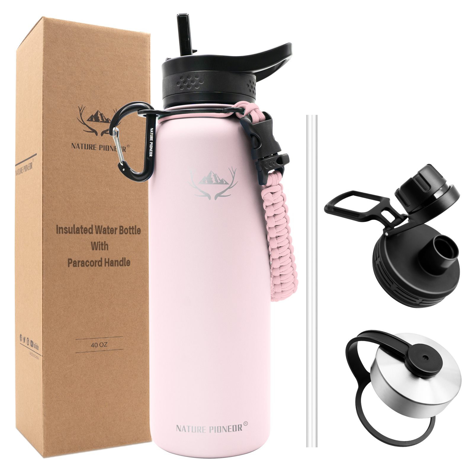 NATURE PIONEOR Insulated Water Bottles with Paracord Handle - 40 oz Vacuum Sports Wide Mouth Water Bottle with 3 Lids, Leak Proof Stainless Steel Keeps Hot and Cold