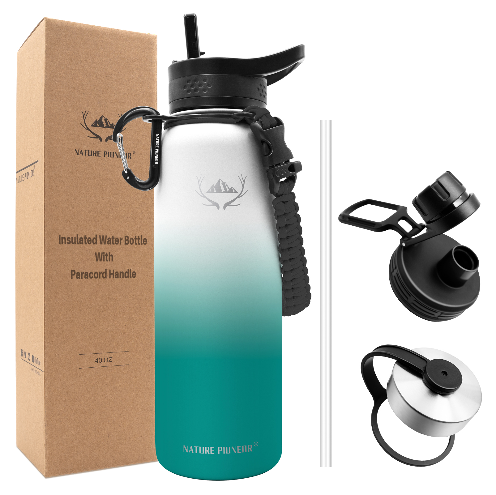 NATURE PIONEOR Insulated Water Bottles with Paracord Handle - 40 oz Vacuum Sports Wide Mouth Water Bottle with 3 Lids, Leak Proof Stainless Steel Keeps Hot and Cold