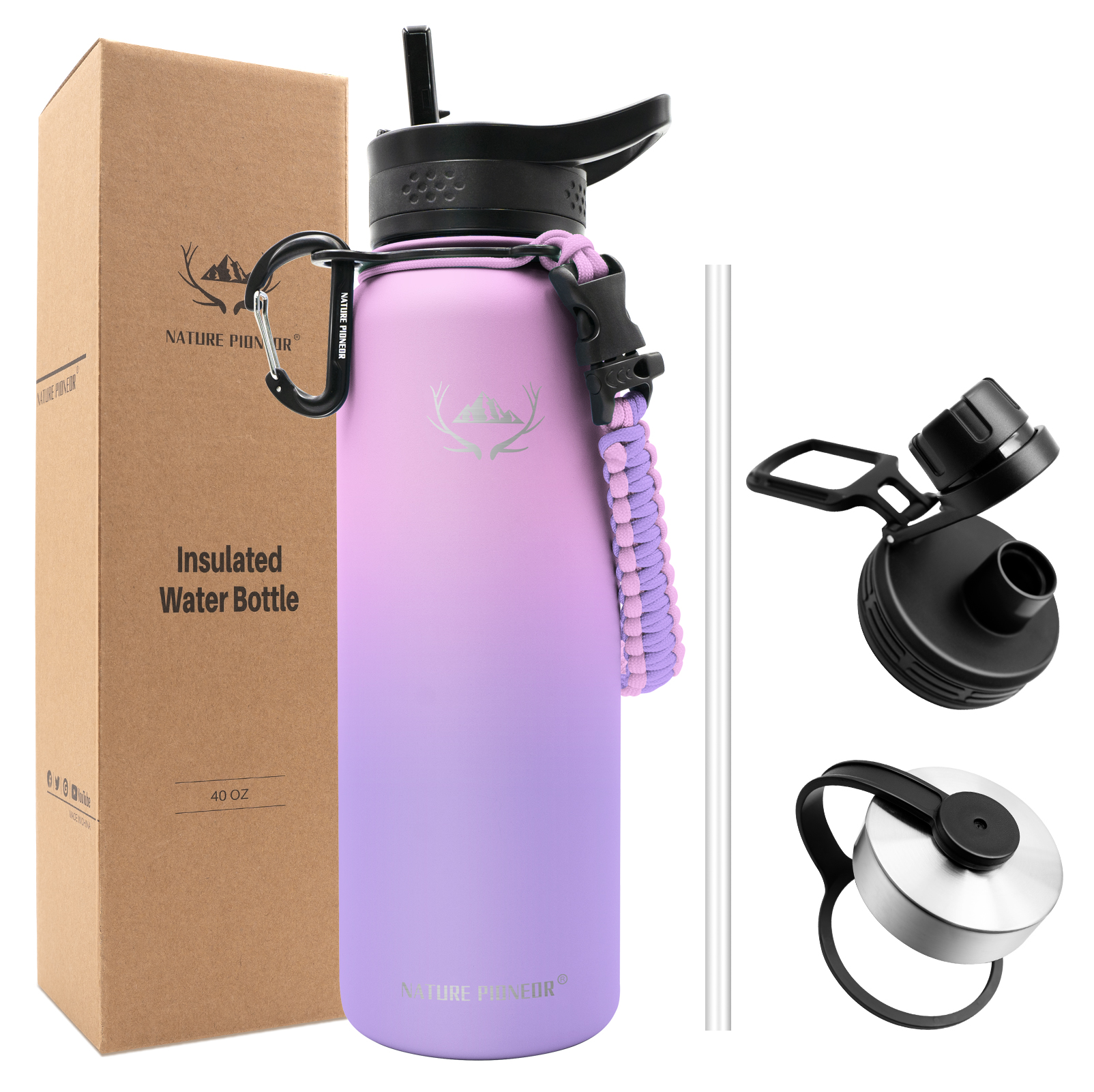 NATURE PIONEOR Insulated Water Bottles with Paracord Handle - 40 oz Vacuum Sports Wide Mouth Water Bottle with 3 Lids, Leak Proof Stainless Steel Keeps Hot and Cold