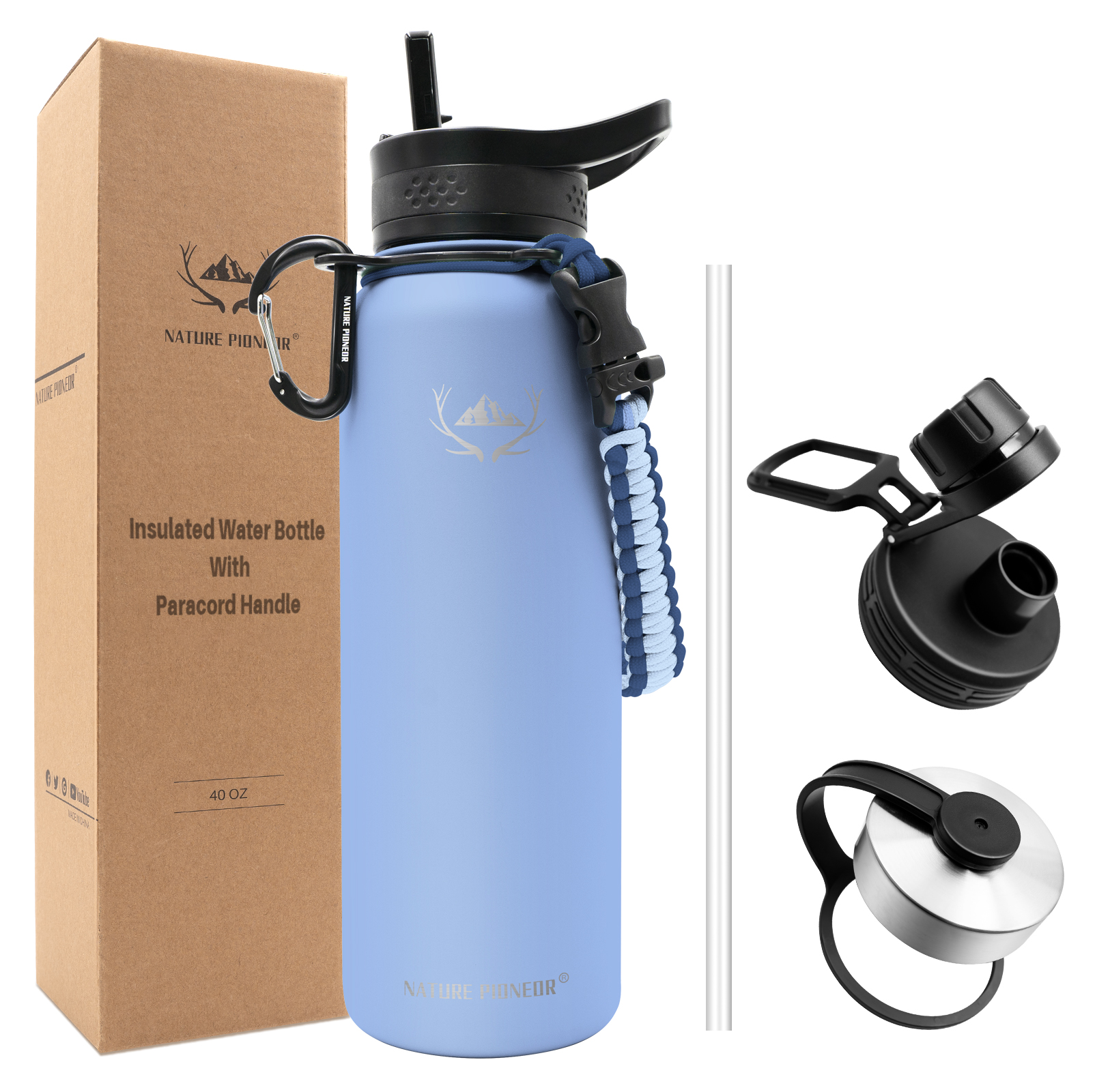 NATURE PIONEOR Insulated Water Bottles with Paracord Handle - 40 oz Vacuum Sports Wide Mouth Water Bottle with 3 Lids, Leak Proof Stainless Steel Keeps Hot and Cold
