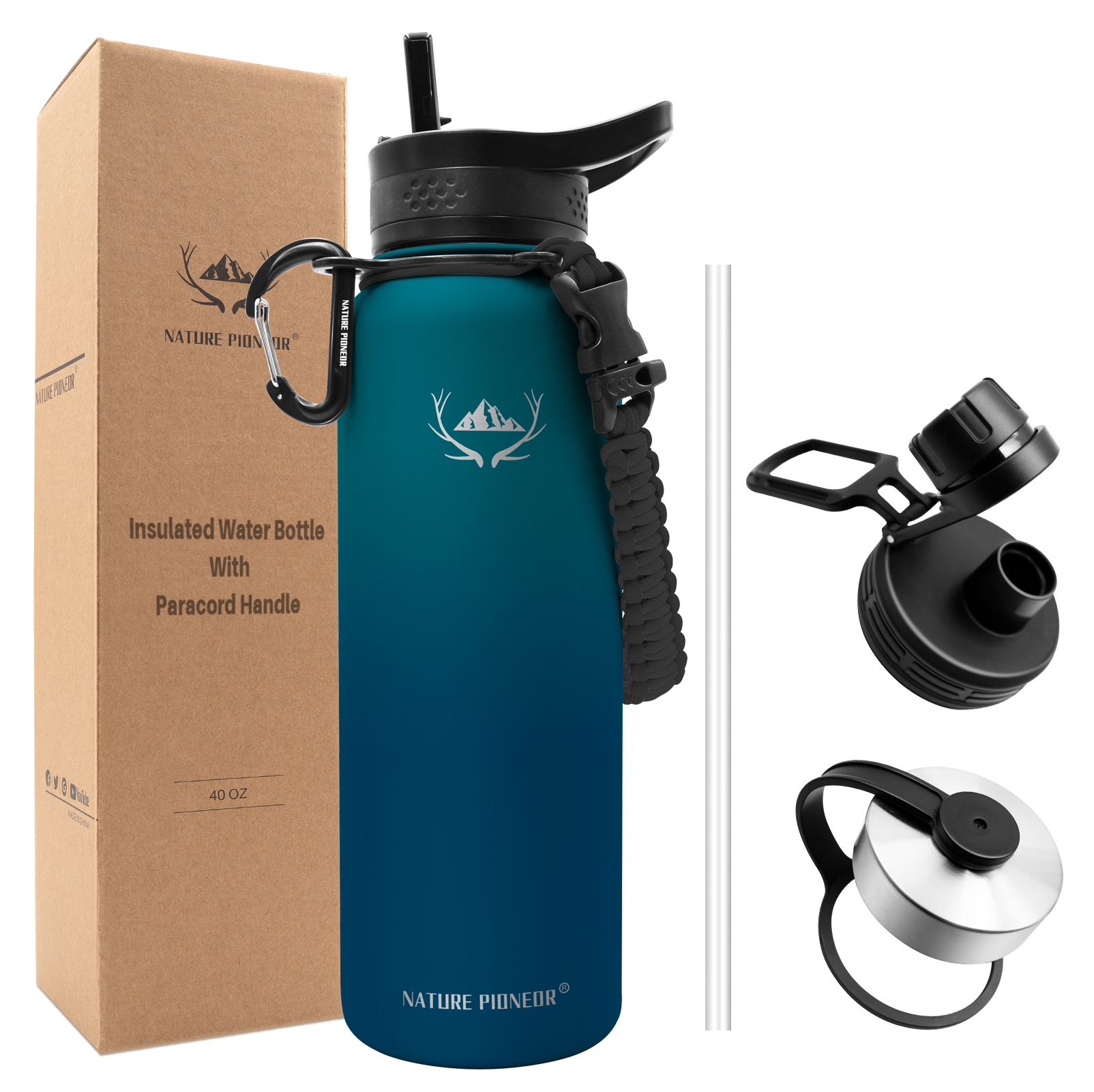 NATURE PIONEOR Insulated Water Bottles with Paracord Handle - 40 oz Vacuum Sports Wide Mouth Water Bottle with 3 Lids, Leak Proof Stainless Steel Keeps Hot and Cold