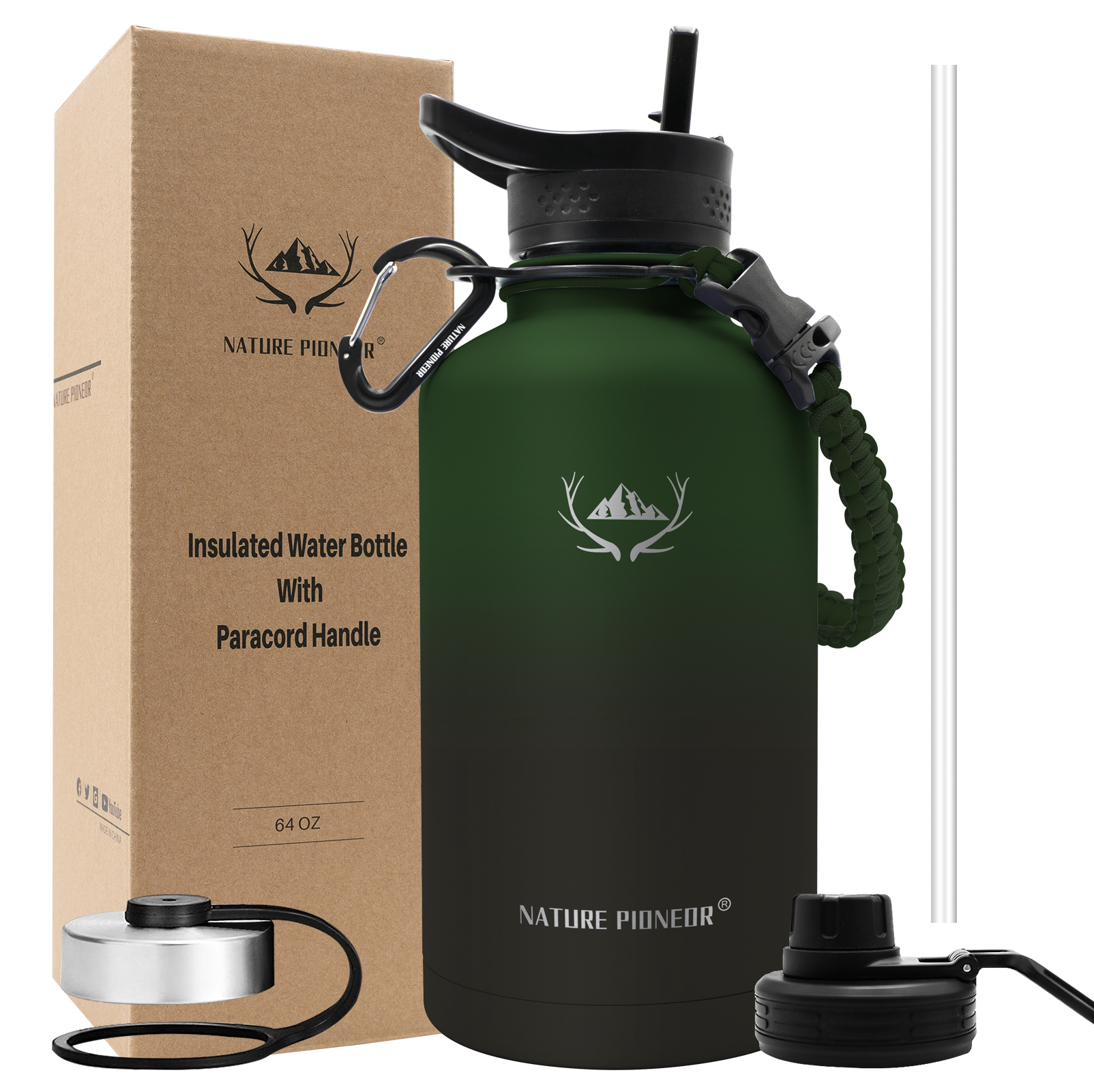 NATURE PIONEOR Insulated Water Bottles with Paracord Handle - 64 oz Vacuum Sports Wide Mouth Water Bottle with 3 Lids, Leak Proof Stainless Steel Keeps Hot and Cold