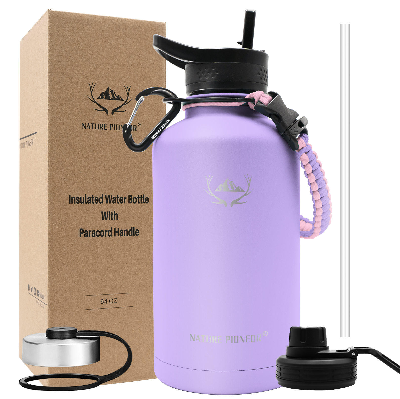 NATURE PIONEOR Insulated Water Bottles with Paracord Handle - 64 oz Vacuum Sports Wide Mouth Water Bottle with 3 Lids, Leak Proof Stainless Steel Keeps Hot and Cold