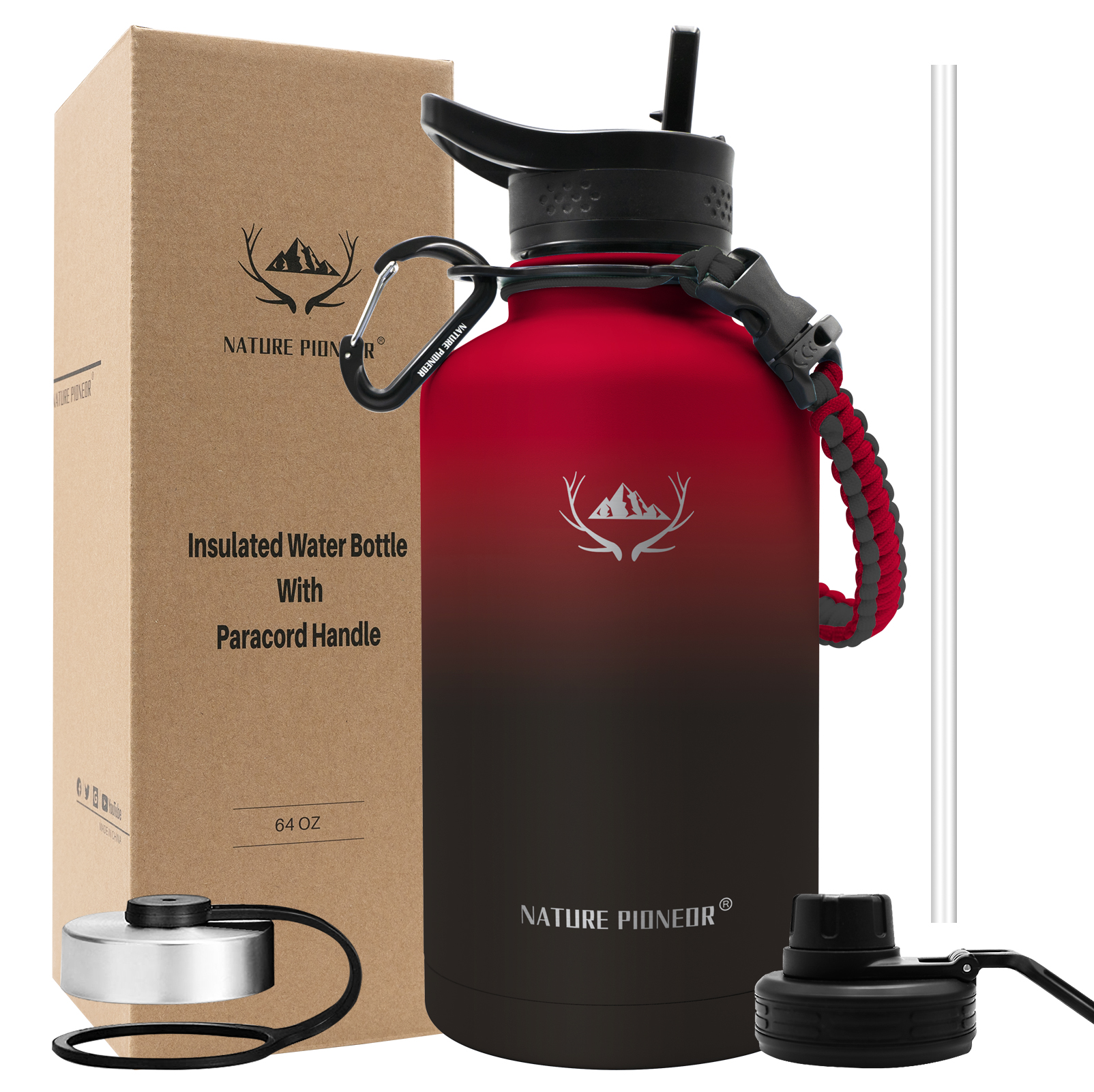 NATURE PIONEOR Insulated Water Bottles with Paracord Handle - 64 oz Vacuum Sports Wide Mouth Water Bottle with 3 Lids, Leak Proof Stainless Steel Keeps Hot and Cold