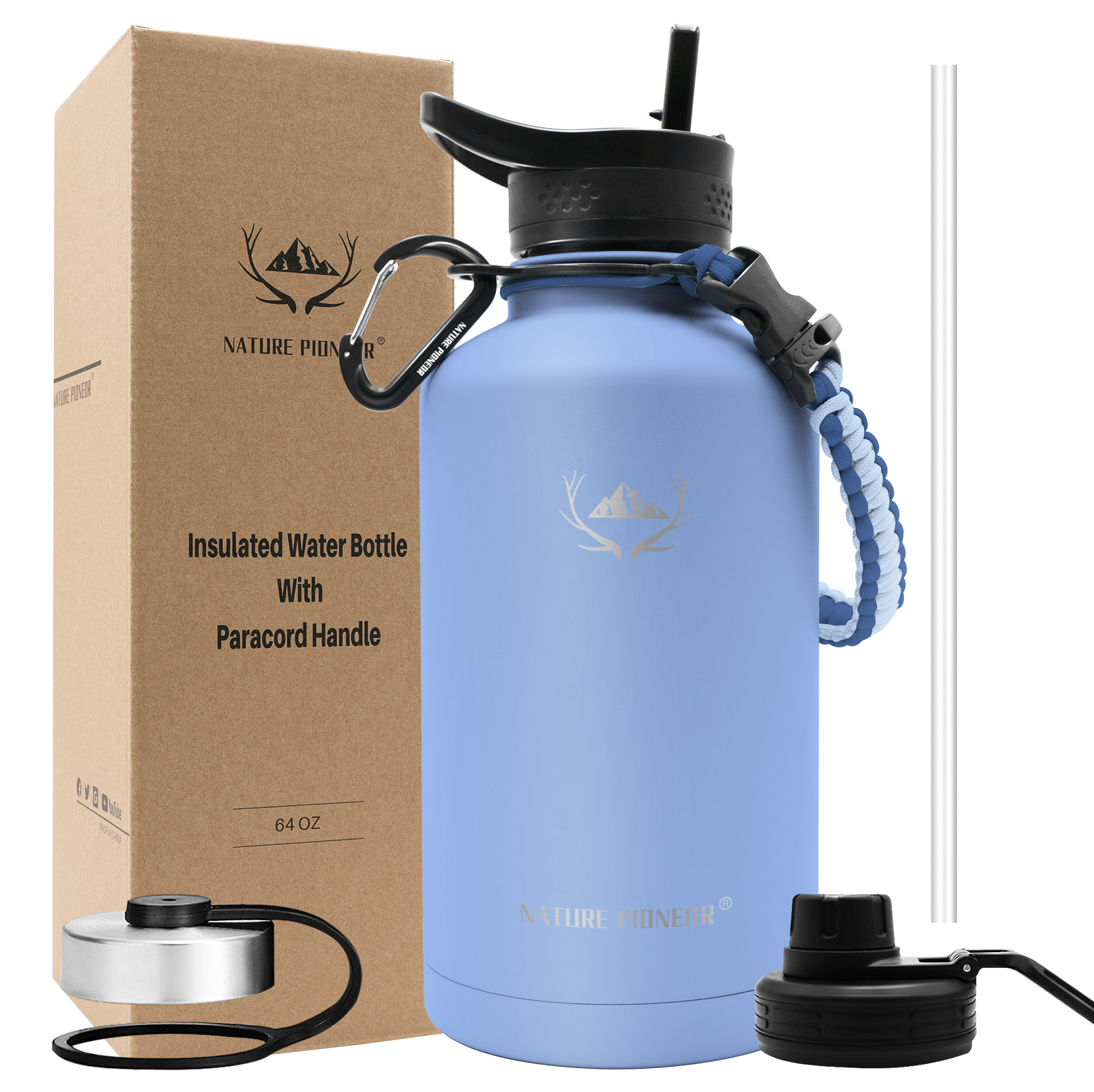 NATURE PIONEOR Insulated Water Bottles with Paracord Handle - 64 oz Vacuum Sports Wide Mouth Water Bottle with 3 Lids, Leak Proof Stainless Steel Keeps Hot and Cold