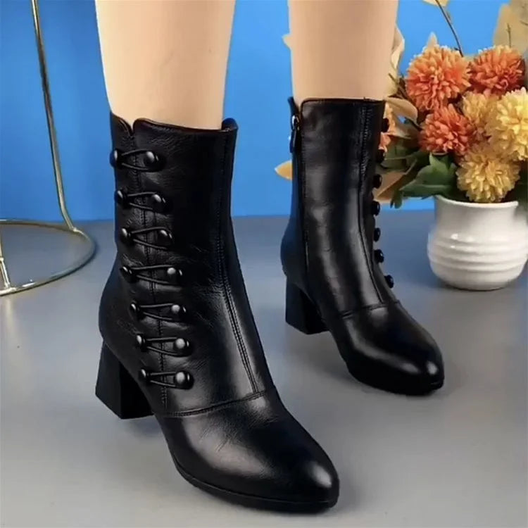 Women Warm Side Butto Leather Ankle Boots-Mitchell Shoes