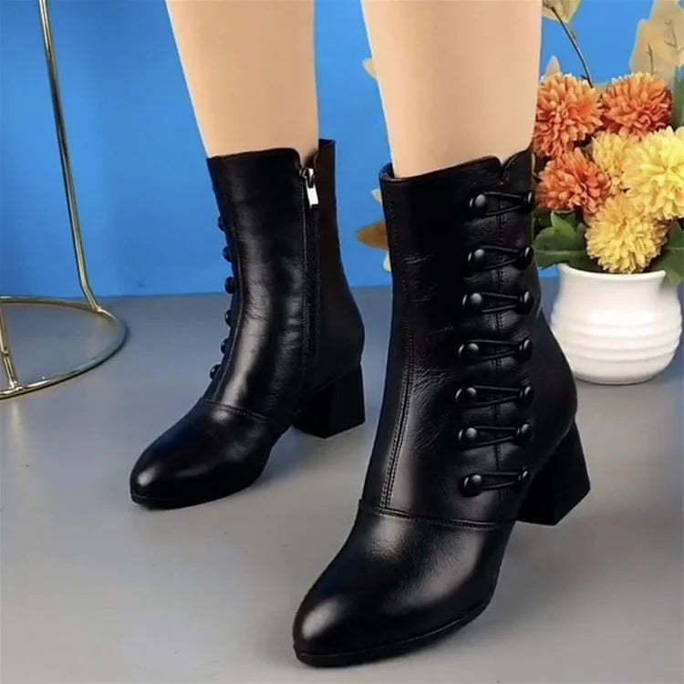 Women Warm Side Butto Leather Ankle Boots-Mitchell Shoes