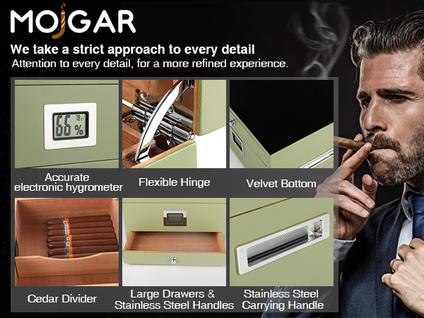 Close-up of the Mojgar cigar humidor showcasing its accurate hygrometer, cedar divider, flexible hinge, and velvet bottom. A man enjoys a cigar, highlighting attention to detail in design.