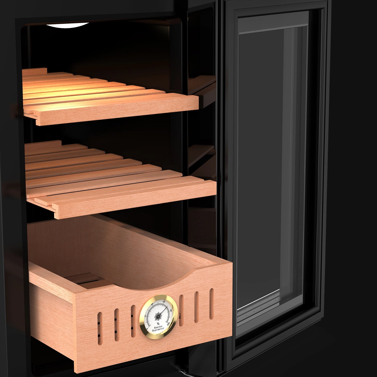 Mojgar Cigar Humidor featuring Spanish cedar shelves for optimal storage, with a built-in hygrometer to monitor humidity levels. The sleek black design includes ample storage space for cigars.