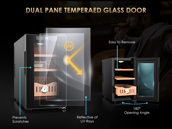 Mojgar 25L Cigar Humidor with dual-pane tempered glass door that reflects UV rays, prevents scratches, and allows easy removal. Features a 180° opening angle for easy access and storage of cigars.