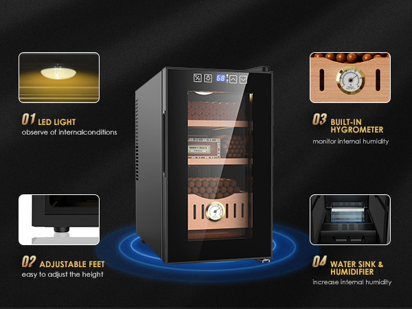 Mojgar 25L Cigar Humidor featuring LED light for internal visibility, adjustable feet for height adjustment, a built-in hygrometer for humidity monitoring, and a water sink & humidifier for enhanced humidity control.