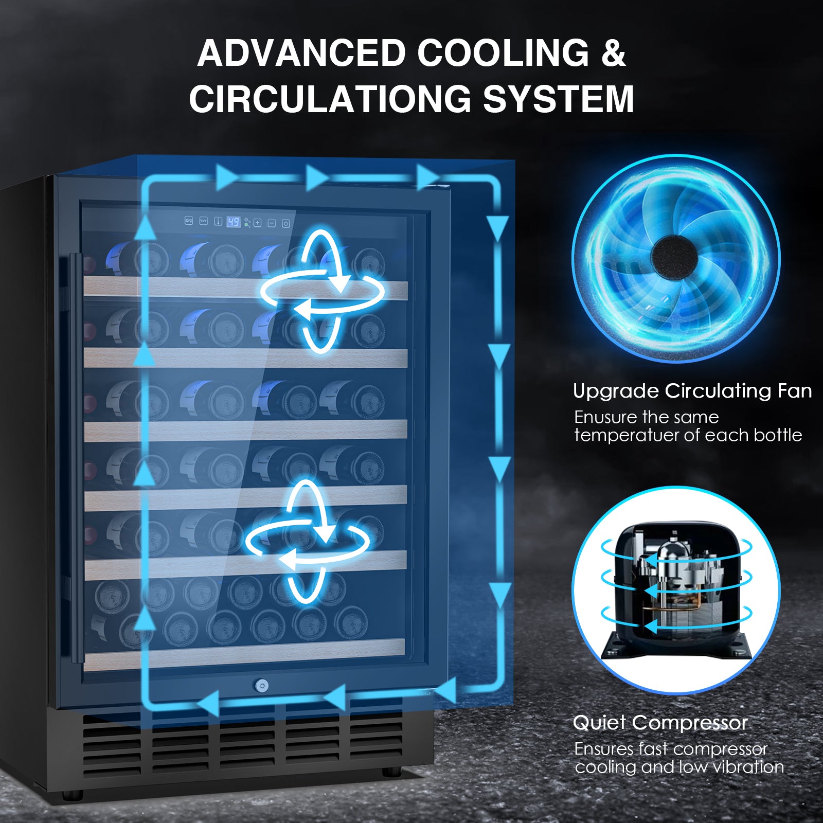 Advanced cooling system with upgraded circulating fan and quiet compressor for even temperature distribution. Low vibration design ensures stable storage for wine and beverages in a sleek wine cooler."