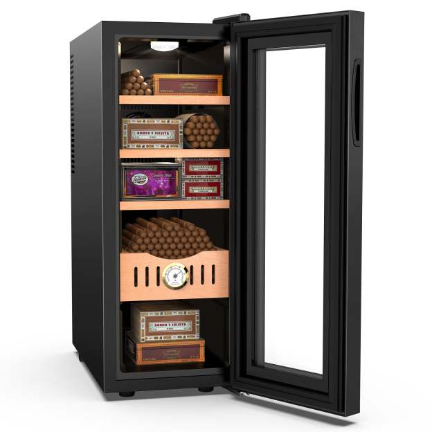 Mojgar 35L electric cigar humidor with a glass door, featuring shelves with cigars and a hygrometer. The humidor's interior includes Spanish cedar wood shelves for optimal storage, with cooling and heating functions for precise temperature control.