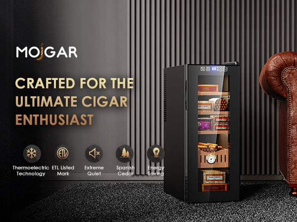 Mojgar 35L electric cigar humidor featuring thermoelectric technology, ETL listed, and extreme quiet operation. Made with Spanish cedar wood and energy-saving features, ideal for cigar enthusiasts.