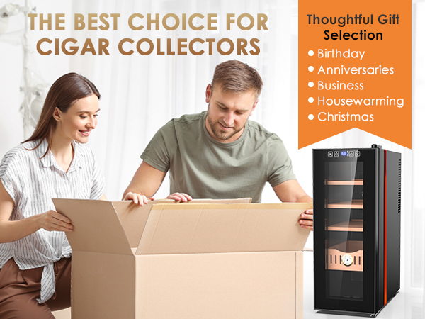 Mojgar 35L electric cigar humidor, the perfect gift for cigar collectors. Ideal for birthdays, anniversaries, business, housewarming, and Christmas. A thoughtful and elegant storage solution for cigars.