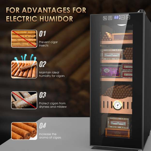 Mojgar 35L electric cigar humidor with four key benefits: preventing cigar insects, maintaining ideal humidity, protecting from dryness and mildew, and enhancing cigar aroma. Features include a hygrometer and Spanish cedar wood shelves.
