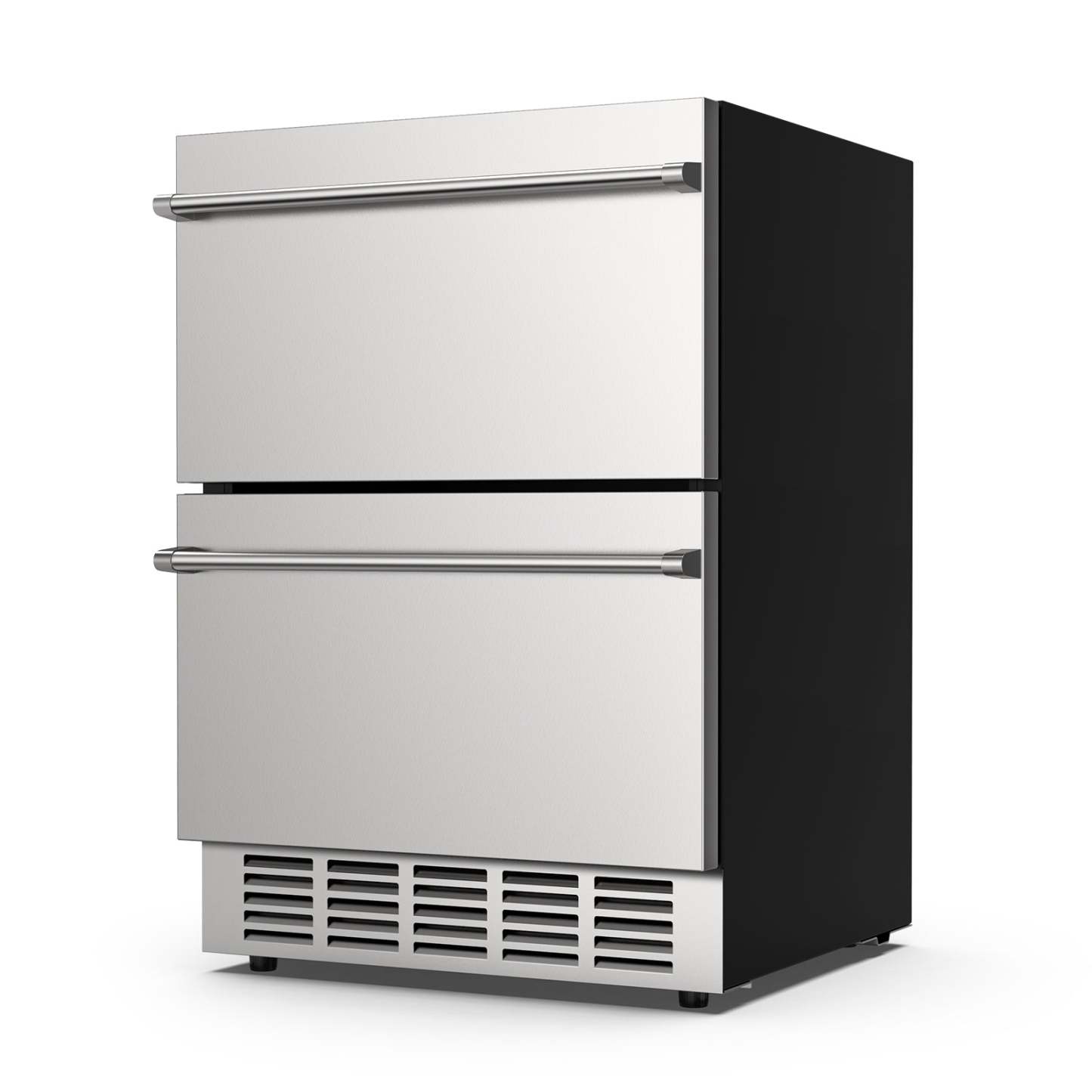 Dual-drawer outdoor refrigerator with stainless steel finish, black side panels, and front vent cooling system. Designed for built-in or freestanding use, ideal for outdoor kitchens and patios.