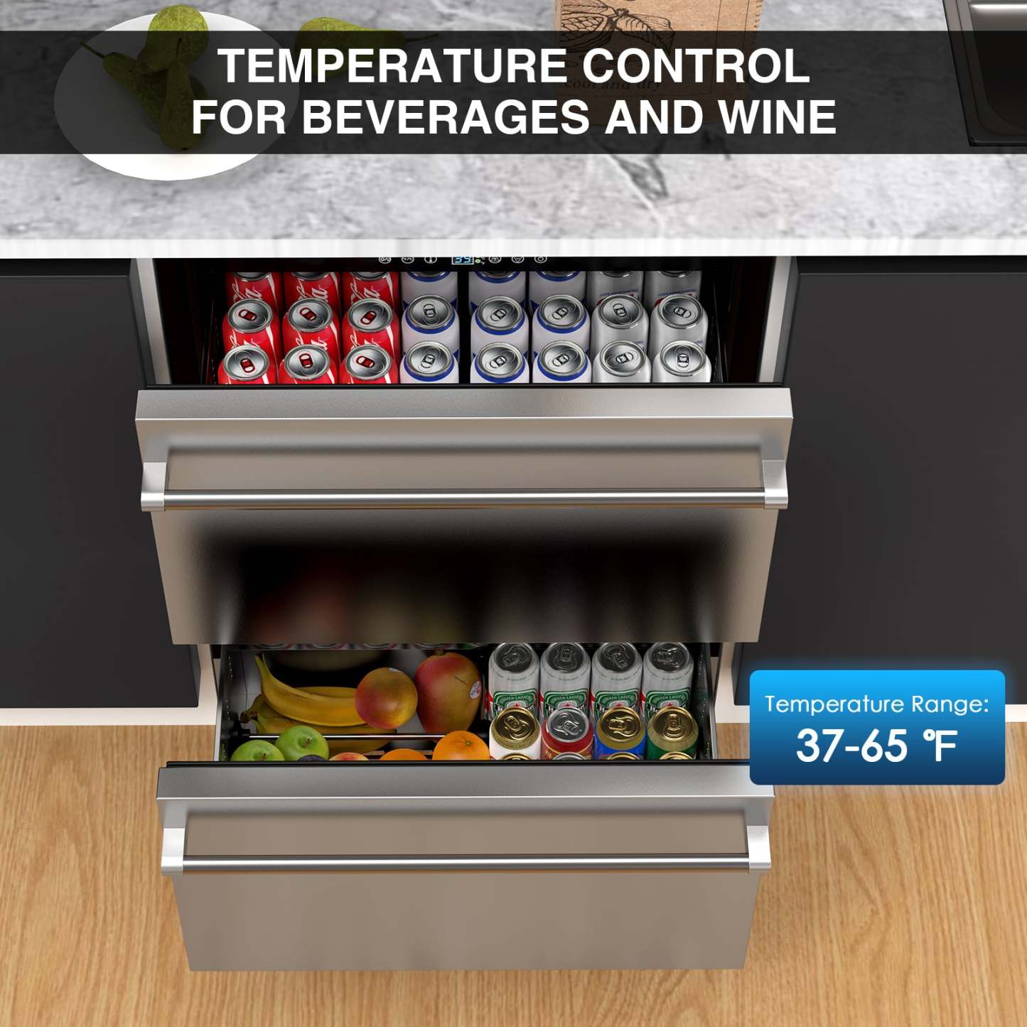 Open dual-drawer stainless steel fridge with beverages, wine cans, and fruits. Top drawer stores soda cans; bottom drawer holds fruits and drinks. Temperature range displayed: 37-65°F, ideal for beverages.