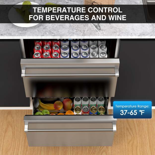 Open dual-drawer stainless steel fridge with beverages, wine cans, and fruits. Top drawer stores soda cans; bottom drawer holds fruits and drinks. Temperature range displayed: 37-65°F, ideal for beverages.