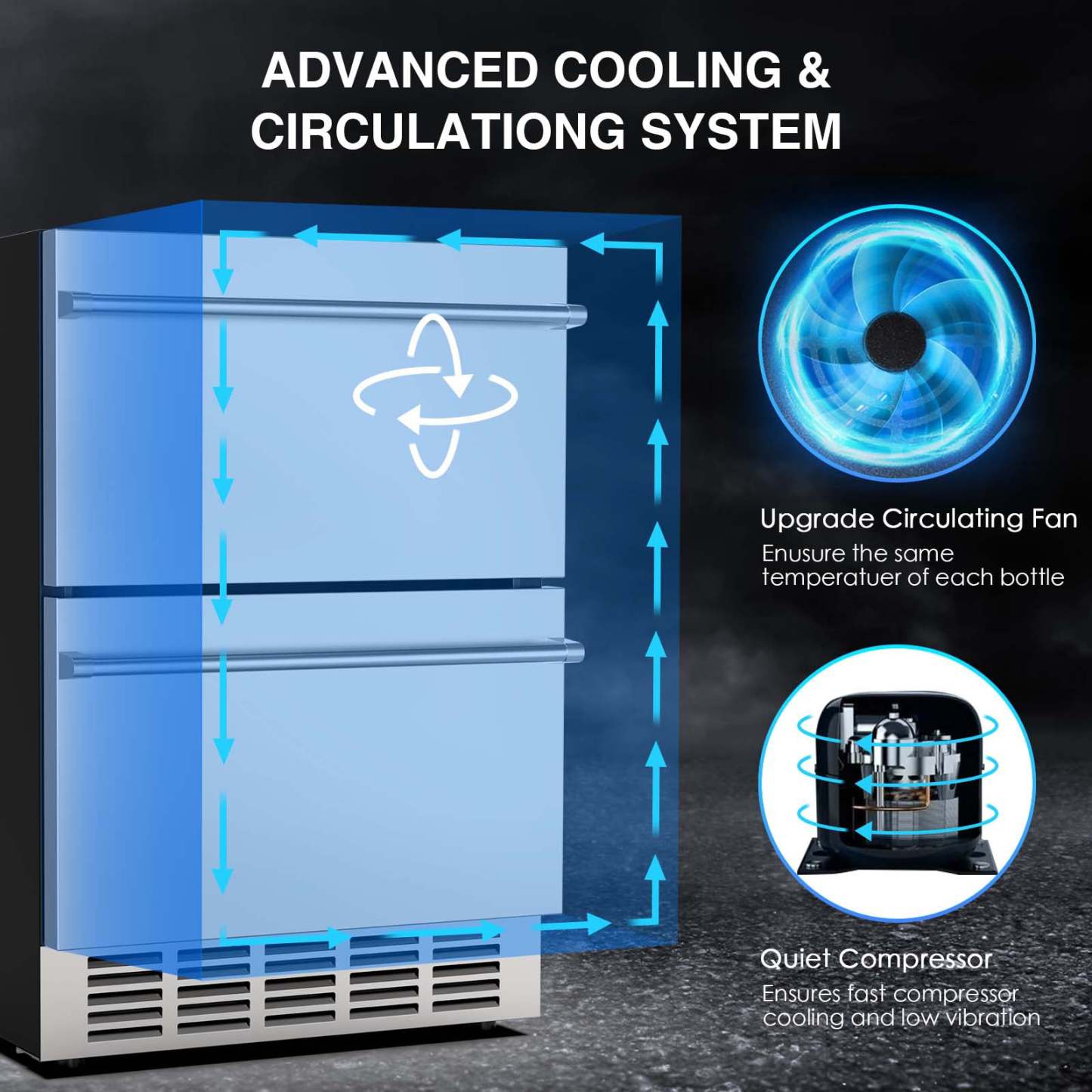 Stainless steel dual-drawer fridge with an advanced cooling and circulating system. Features upgrade circulating fan for even temperature and a quiet compressor for fast, low-vibration cooling performance.