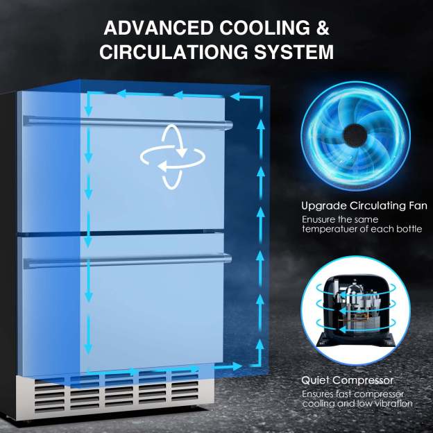 Stainless steel dual-drawer fridge with an advanced cooling and circulating system. Features upgrade circulating fan for even temperature and a quiet compressor for fast, low-vibration cooling performance.