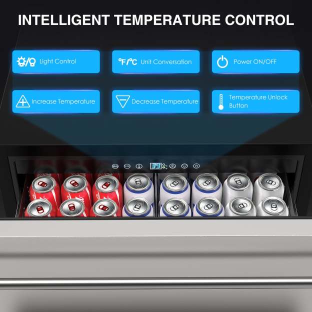 Intelligent temperature control panel on a stainless steel drawer fridge, with options for light control, unit conversion, temperature adjustment, and power ON/OFF. Display shows beverages chilled at 39°F.