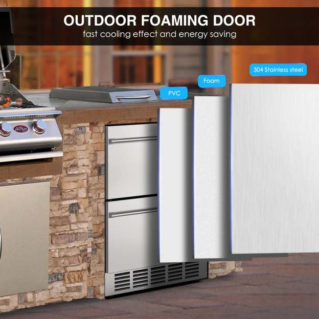 Outdoor stainless steel double-drawer fridge with a foaming door design. Image highlights PVC, foam, and 304 stainless steel layers for energy-saving insulation and fast cooling efficiency.