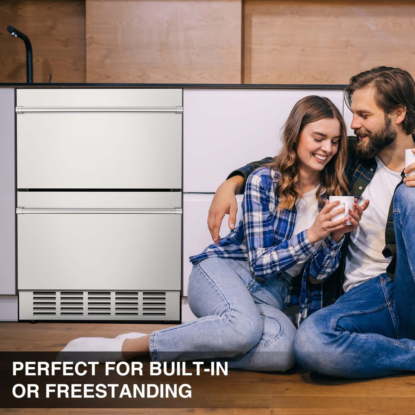 A couple sitting comfortably in front of a dual-drawer stainless steel fridge. The fridge is built-in within cabinetry, showcasing its versatility for built-in or freestanding installation.