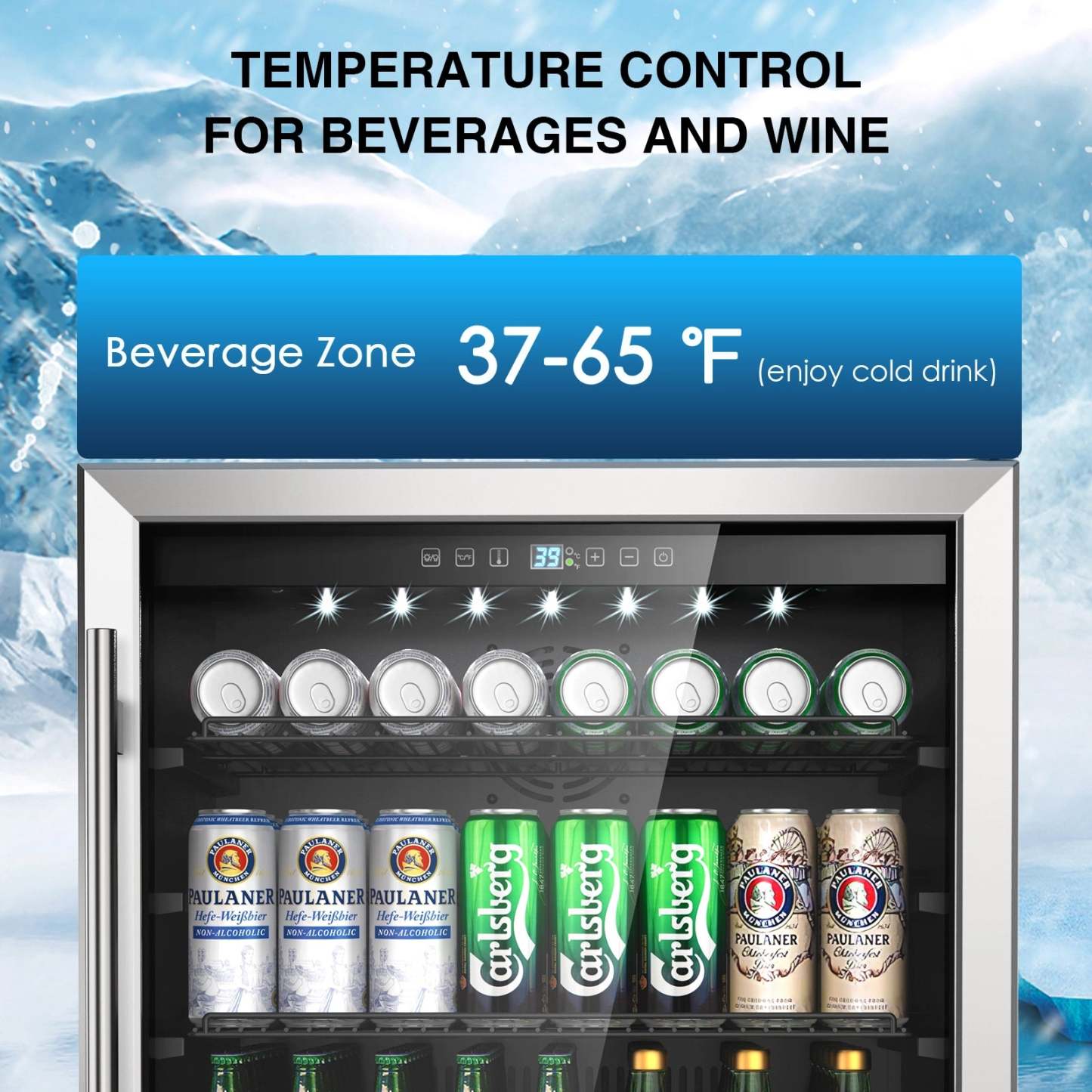 Mojgar Beverage refrigerator with temperature control, showing a beverage zone temperature range of 37-65°F. The fridge has multiple drink cans, Carlsberg bottles, and Paulaner cans organized on adjustable shelves.