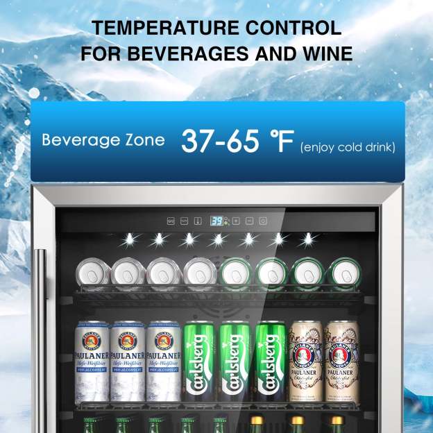 Mojgar Beverage refrigerator with temperature control, showing a beverage zone temperature range of 37-65°F. The fridge has multiple drink cans, Carlsberg bottles, and Paulaner cans organized on adjustable shelves.