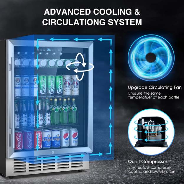 Advanced cooling and circulation system of a beverage refrigerator with upgrade circulating fan and quiet compressor. The fridge displays Carlsberg bottles, Paulaner cans, and Pepsi bottles organized on shelves.