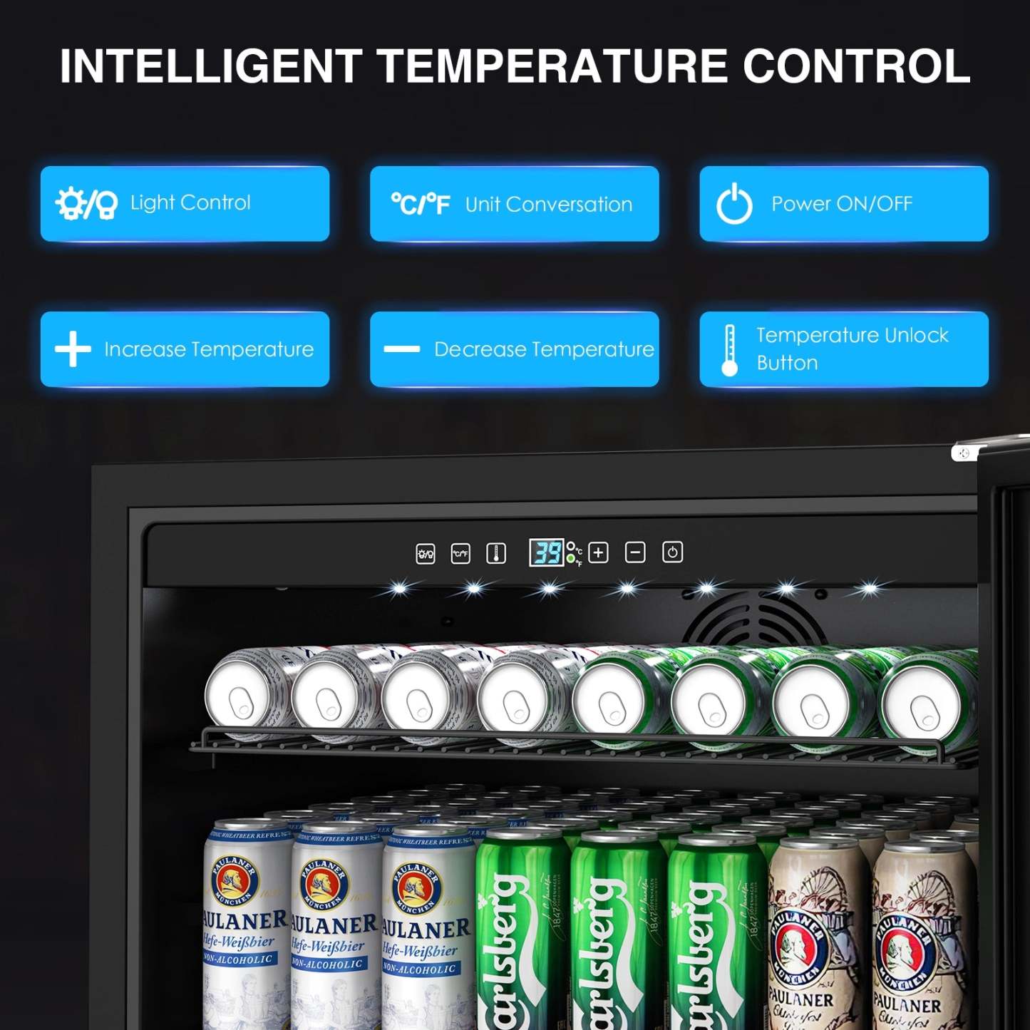Intelligent temperature control panel with features like light control, unit conversion, and temperature adjustment. Beverage fridge interior displays Carlsberg and Paulaner cans organized on adjustable shelves.
