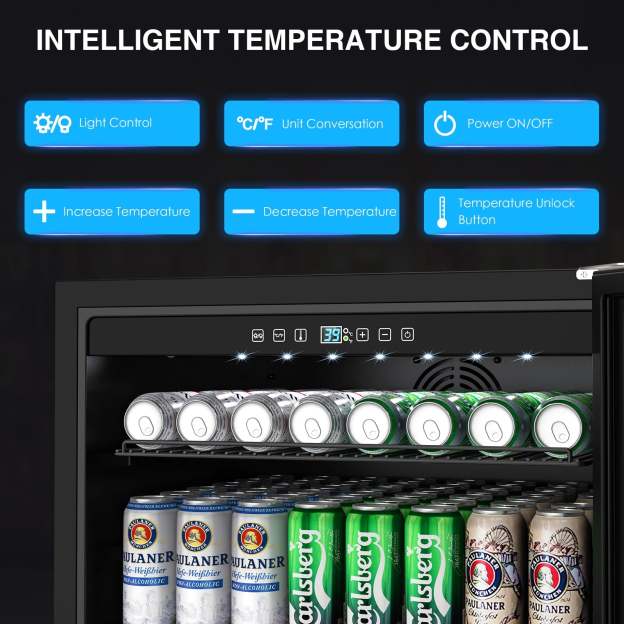 Intelligent temperature control panel with features like light control, unit conversion, and temperature adjustment. Beverage fridge interior displays Carlsberg and Paulaner cans organized on adjustable shelves.