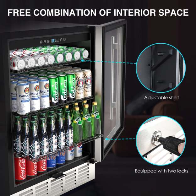 Beverage fridge with adjustable shelves and two safety locks. The interior displays organized cans, bottles, and beverages, with a close-up of shelf adjustment and lock mechanism for flexible storage.
