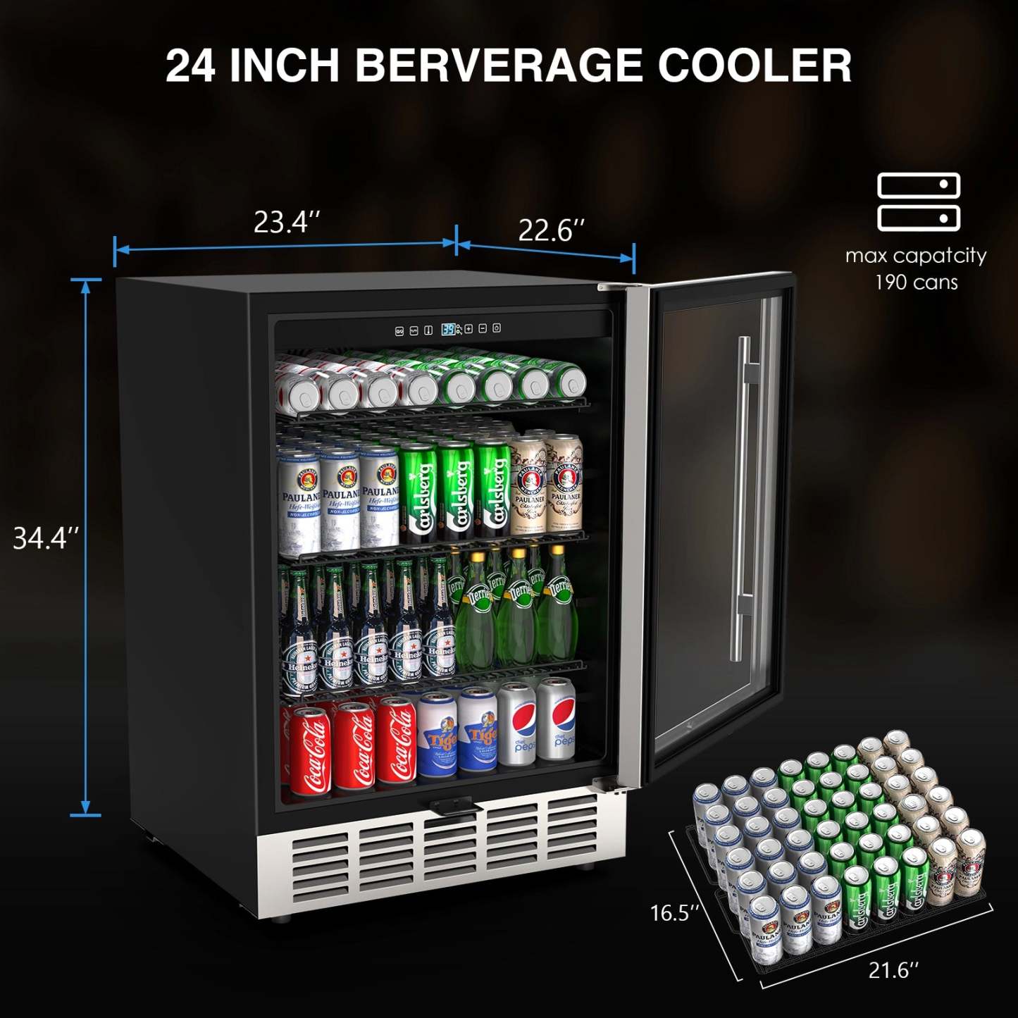 24-inch beverage cooler with a 190-can capacity, showing internal storage with cans, bottles, and adjustable racks. Dimensions highlighted: 23.4" width, 22.6" depth, and 34.4" height for precise fit.