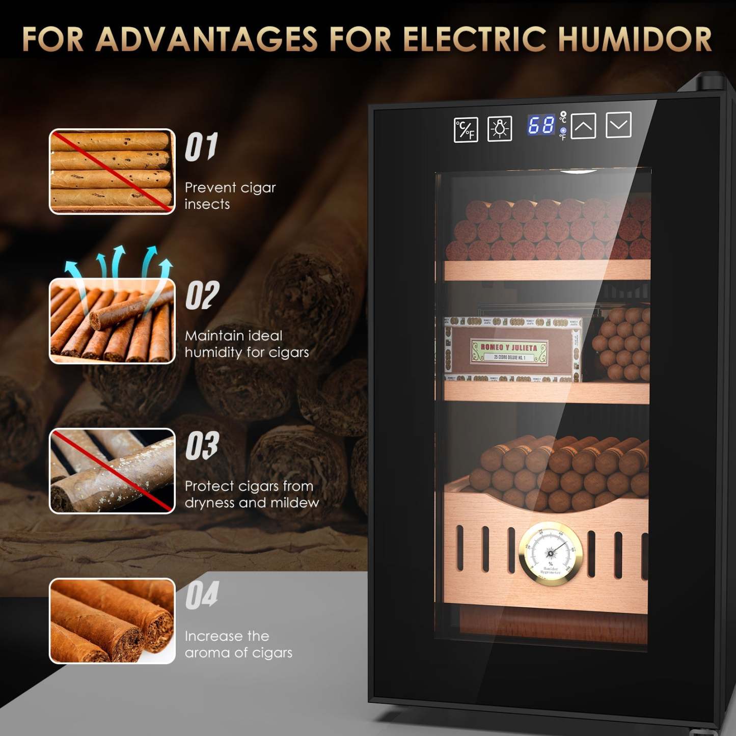Mojgar 25L Cigar Humidor with key benefits: prevents cigar insects, maintains ideal humidity, protects cigars from dryness and mildew, and enhances the aroma of cigars for optimal storage conditions.