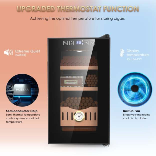 Mojgar 25L Cigar Humidor with upgraded thermostat function featuring a semiconductor chip for precise temperature control (54-73°F). Includes a built-in fan for optimal airflow and extreme quiet operation.