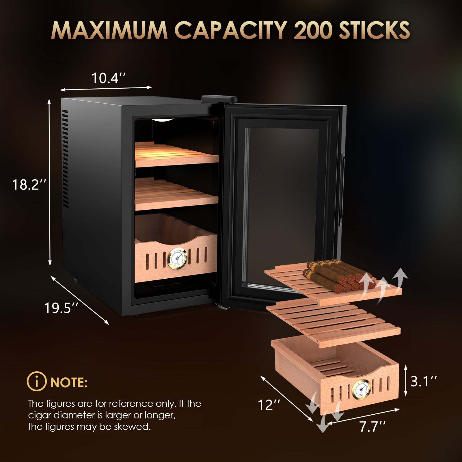 Mojgar 25L Cigar Humidor with a maximum capacity of 200 cigars. Features wooden shelves (12"x7.7") and drawers (3.1" height) for organized storage. Dimensions: 18.2" height, 10.4" width, and 19.5" depth.