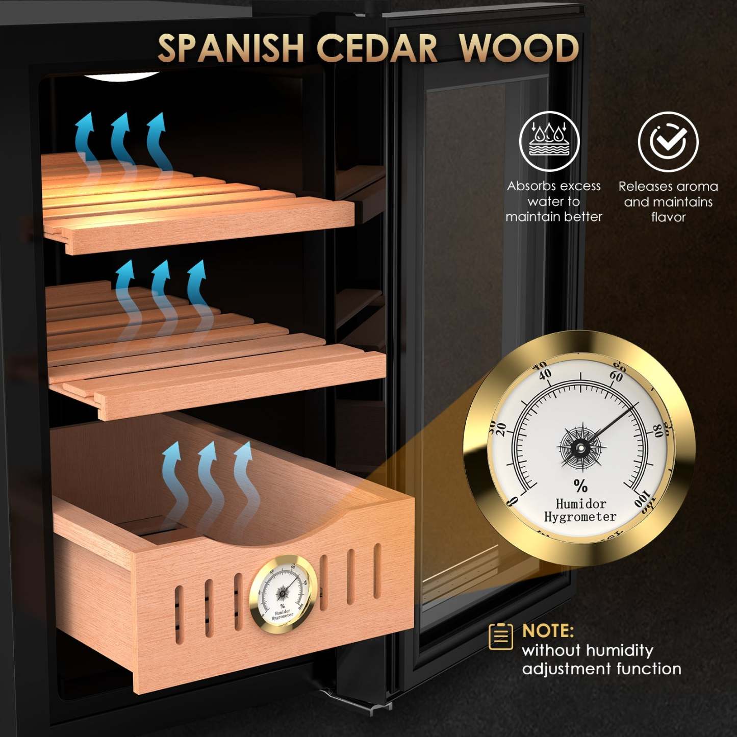 Mojgar Cigar Humidor with Spanish cedar wood shelves that absorb excess water to maintain optimal humidity. Features a built-in hygrometer for monitoring humidity and releasing aroma to preserve flavor.
