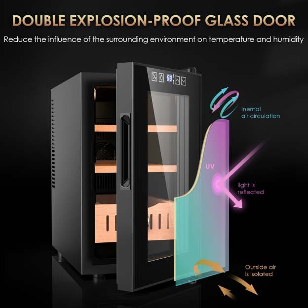 Mojgar 25L Cigar Humidor with double explosion-proof glass door, designed to isolate outside air and reflect UV light, ensuring optimal internal air circulation and protecting cigars from external temperature and humidity.