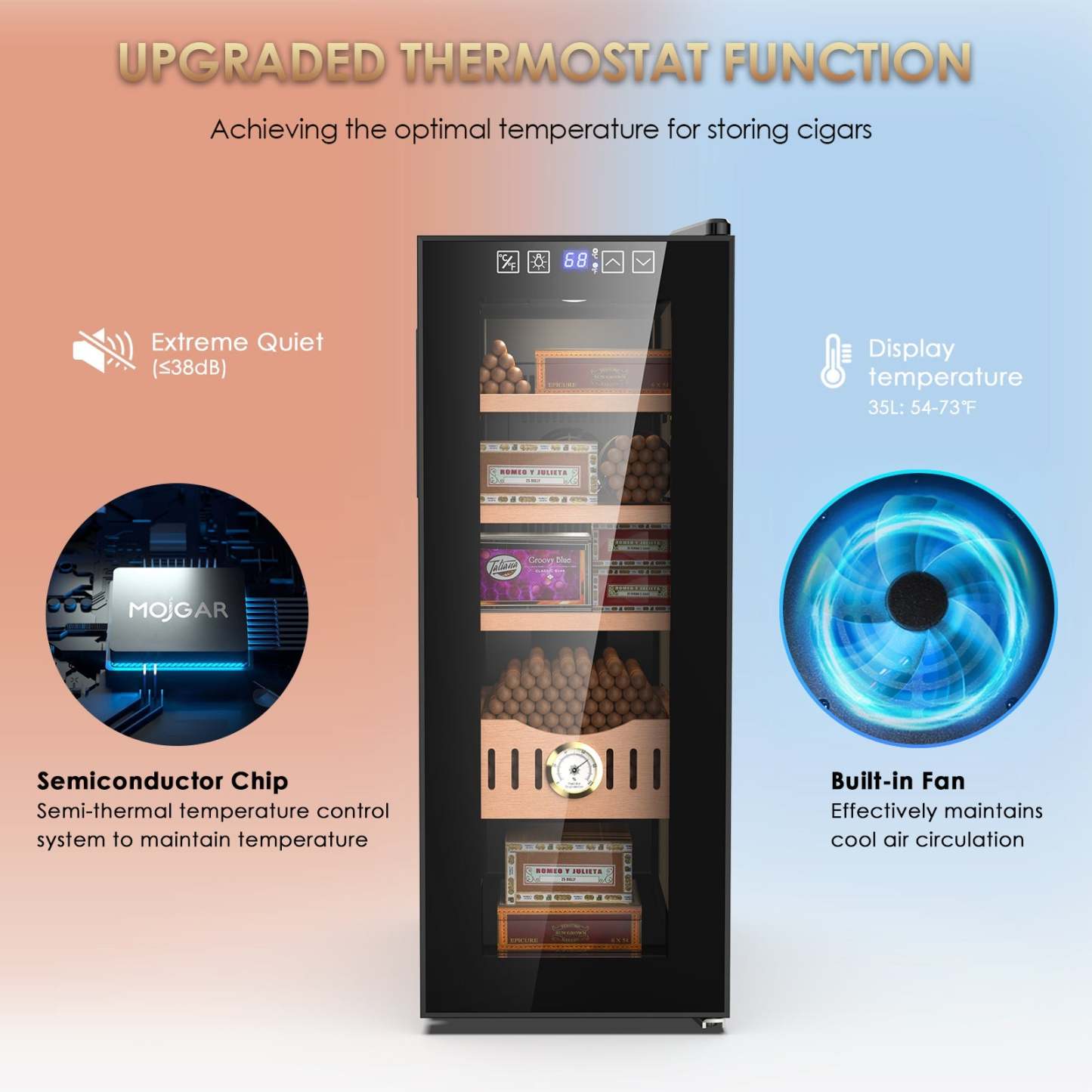 Mojgar 35L electric cigar humidor with upgraded thermostat function, displaying the temperature range of 54-73°F. Features include a semiconductor chip, built-in fan for air circulation, and extreme quiet operation (≤38dB) for optimal storage conditions.