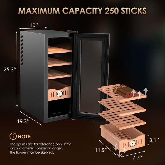 Mojgar 35L electric cigar humidor with a maximum capacity of 250 cigars. The image shows the interior with adjustable wooden shelves and a hygrometer. Includes dimensions: 25.3” height, 19.3” depth, and 10” width.