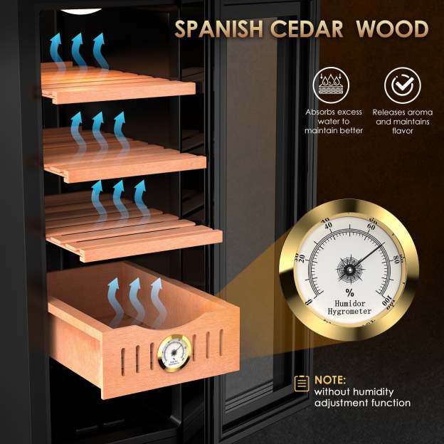 Mojgar electric humidor with Spanish cedar wood shelves that absorb excess moisture and release aroma to maintain cigar flavor. Includes a hygrometer for monitoring humidity levels. Note: No humidity adjustment function.