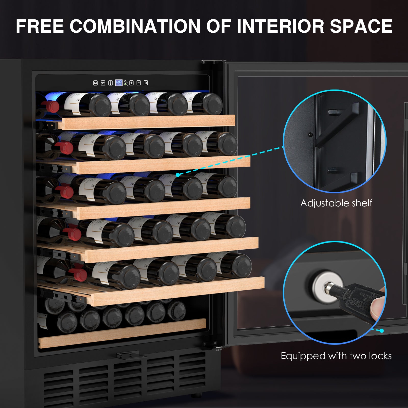 Wine cooler with adjustable shelves for flexible storage, secure dual locking system, and wooden racks to accommodate various bottle sizes. Designed for convenience and safety in wine storage.