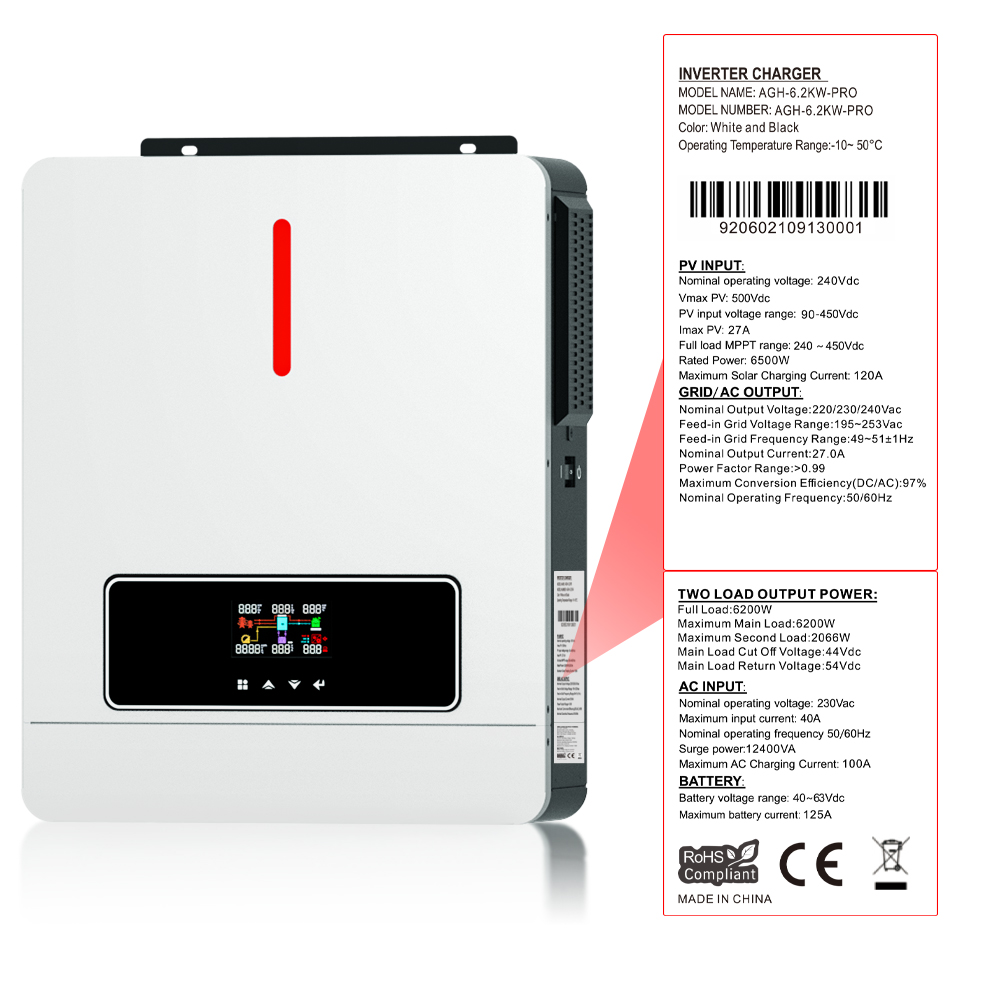 Daxtromn power 3.6KW 6.2KW solar inverter 24VDC 48vDC hybrid mppt 6200W pure sine wave hybrid charge controller 120A off grid On Grid