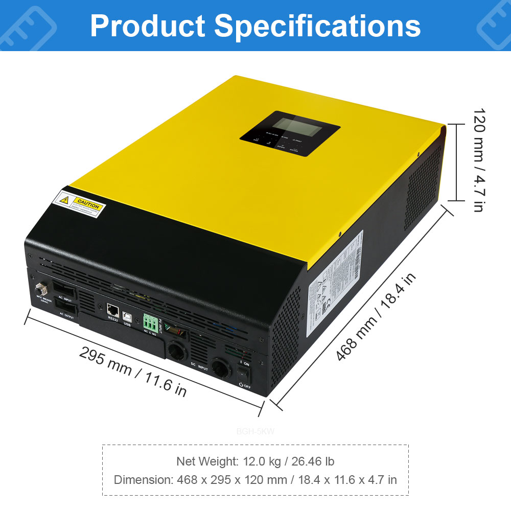 MPPT Hybrid Solar Inverter 5KW 48V 230V 450Vdc 5000w PV 80A Battery Ch