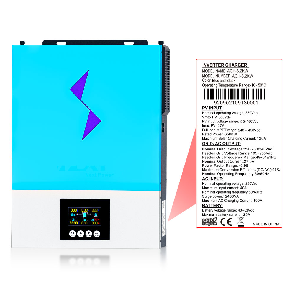 6.2KW Hybrid Solar Inverter Pure Sine Wave 220VAC Output 48VDC Input 120A MPPT Solar Charger Controller 6200w European Union Stock  fast ship